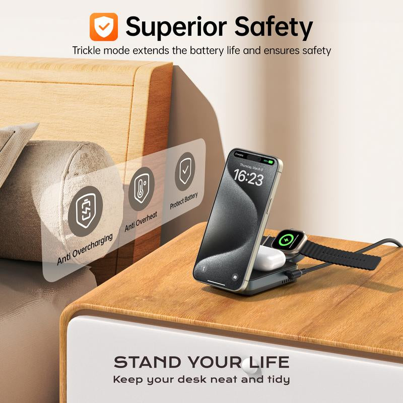 Qi2 Certified 15W Max Fast Mag-Safe Wireless Charger, Meifigno 3-In-1 Foldable Magnetic Charging Station Stand, Designed for Iphone 15/14/13/12 Series, Airpods, Iwatch (30W USB-C Adapter Included)