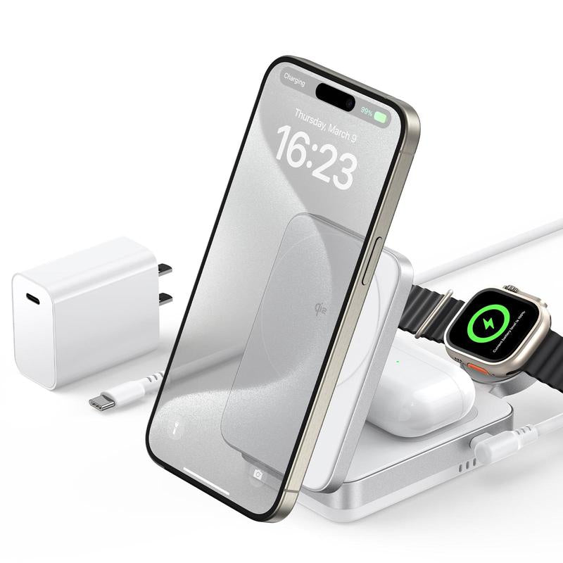 Qi2 Certified 15W Max Fast Mag-Safe Wireless Charger, Meifigno 3-In-1 Foldable Magnetic Charging Station Stand, Designed for Iphone 15/14/13/12 Series, Airpods, Iwatch (30W USB-C Adapter Included)