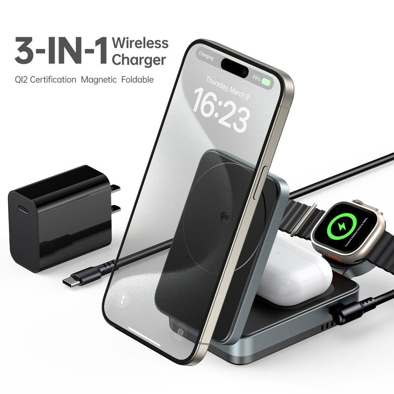 Qi2 Certified 15W Max Fast Mag-Safe Wireless Charger, Meifigno 3-In-1 Foldable Magnetic Charging Station Stand, Designed for Iphone 15/14/13/12 Series, Airpods, Iwatch (30W USB-C Adapter Included)
