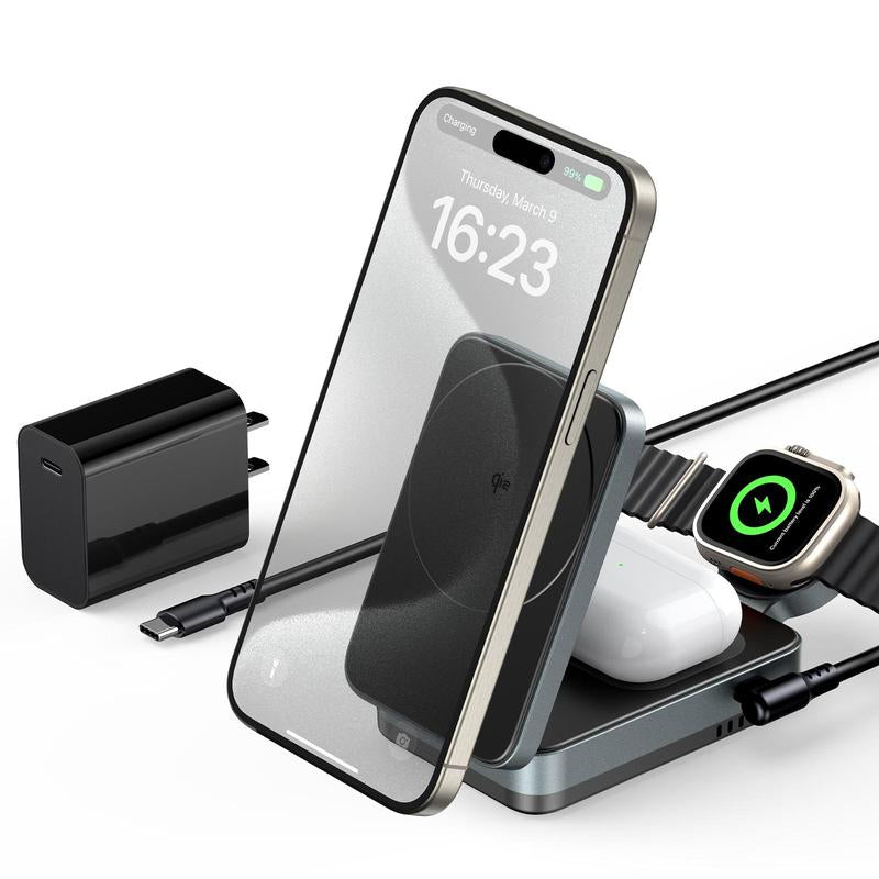 Qi2 Certified 15W Max Fast Mag-Safe Wireless Charger, Meifigno 3-In-1 Foldable Magnetic Charging Station Stand, Designed for Iphone 15/14/13/12 Series, Airpods, Iwatch (30W USB-C Adapter Included)