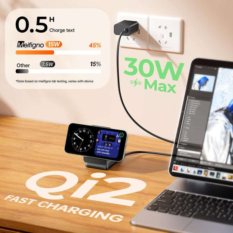 Qi2 Certified 15W Max Fast Mag-Safe Wireless Charger, Meifigno 3-In-1 Foldable Magnetic Charging Station Stand, Designed for Iphone 15/14/13/12 Series, Airpods, Iwatch (30W USB-C Adapter Included)